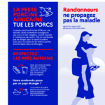 Découvrez comment prévenir la propagation de la peste porcine africaine (PPA) avec cette affiche informative du Ministère de l'Agriculture. Apprenez les précautions essentielles pour les randonneurs afin d'éviter de propager cette maladie virale contagieuse qui affecte les porcs et les sangliers. Jetez vos déchets correctement et évitez de transporter des produits porcins de pays infectés. Cofinancé par l'Union européenne. Plus d'informations sur agriculture.gouv.fr/peste-porcine-africaine.