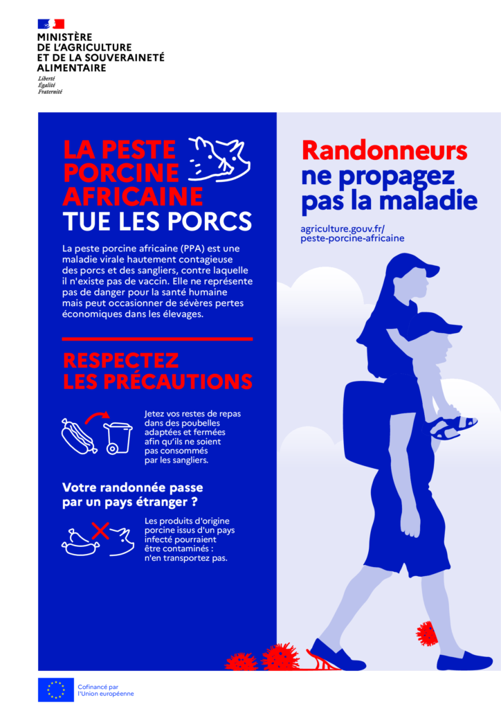Découvrez comment prévenir la propagation de la peste porcine africaine (PPA) avec cette affiche informative du Ministère de l'Agriculture. Apprenez les précautions essentielles pour les randonneurs afin d'éviter de propager cette maladie virale contagieuse qui affecte les porcs et les sangliers. Jetez vos déchets correctement et évitez de transporter des produits porcins de pays infectés. Cofinancé par l'Union européenne. Plus d'informations sur agriculture.gouv.fr/peste-porcine-africaine.