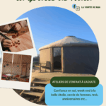 Affiche promotionnelle estivale de "La yourte de Naïa" à Ambleteuse. Elle présente des ateliers pour enfants et adultes autour de la confiance en soi, de cercles de femmes, d'activités en pleine nature, et d'anniversaires. L'affiche met en avant une grande yourte en bois dans un cadre naturel, avec des photos d'activités créatives et de l’intérieur de la yourte. Coordonnées et informations de contact sont également affichées. Ambiance chaleureuse et bien-être au rendez-vous.