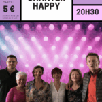 Affiche d’un concert intitulé "Chanter Happy". En haut de l’affiche, sur un fond violet et blanc divisé en cases : À gauche : "20 septembre 2025" "Tarifs : 5 € – Gratuit pour les moins de 10 ans" Au centre : "CONCERT – CHANTER HAPPY" À droite : "Salle des fêtes Ambleteuse – 20h30" Au centre de l’affiche, une photo de six membres du groupe "Chanter Happy", souriants, devant un fond de projecteurs roses simulant une scène de concert. En bas, sur fond violet, à gauche : logo de la commune avec la mention "Saison culturelle" À droite : Informations de réservation : "Mairie d’Ambleteuse – 03.21.32.60.22 – ambleteuse.org"