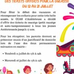 Affiche informative du CCAS d'Ambleteuse : Titre principal en lettres oranges : "Des tickets offerts pour la ducasse du 12 au 21 juillet" Texte explicatif : Pour célébrer le début des vacances et récompenser les enfants pour leur belle année, le CCAS d'Ambleteuse offre des tickets de manège (petit manège et auto-tamponneuses) à tous les jeunes Ambleteusois jusqu'à 17 ans. Pour obtenir les tickets, les parents doivent se présenter en mairie avec un justificatif de domicile lors de l'une des deux permanences suivantes : Vendredi 11 juillet de 17h à 19h Mercredi 16 juillet de 17h à 19h En-tête : logo du CCAS (rouge et jaune) accompagné du texte : C.C.A.S – Mairie, rue de Lille, 62164 Ambleteuse Décorations : Confettis colorés, dessins de trois enfants (l’un avec un ballon, un autre avec une barbe à papa, le dernier devant un manège avec un cheval), ainsi qu’un visuel stylisé de manège en bas à droite.