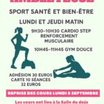 Affiche annonçant les cours de gymnastique à Ambleteuse. Le titre en gros caractères roses indique "Gymnastique Ambleteuse". Les séances ont lieu les lundis et jeudis matin : de 9h30 à 10h30 : cardio, step, renforcement musculaire de 10h45 à 11h45 : gym douce Les tarifs sont indiqués : 30 € d’adhésion, 32 € pour une carte de 10 séances. Reprise des cours le lundi 8 septembre. Lieu : salle du dojo (salle de lutte à côté de la salle des fêtes). 1er cours d’essai gratuit. Contact : Mme Bruaut – 06 14 98 26 16. L'affiche comporte deux silhouettes féminines représentant les activités physiques. Le design est clair, dynamique et coloré.