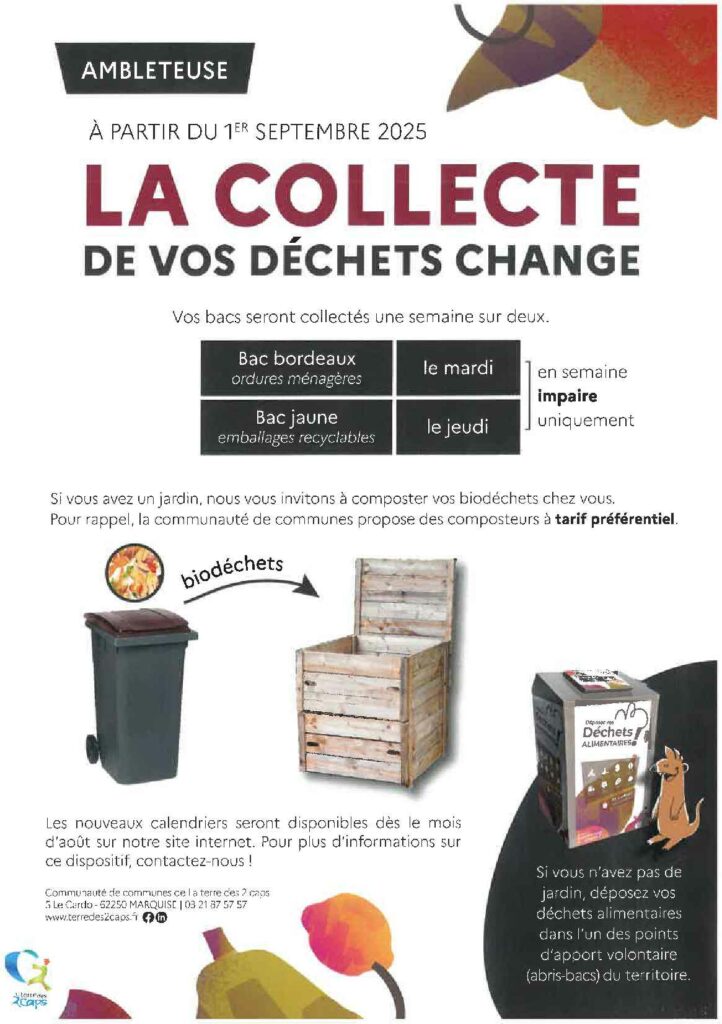 Affiche d’information de la commune d’Ambleteuse annonçant qu’à partir du 1er septembre 2025, la collecte des déchets change. Les bacs seront collectés une semaine sur deux, uniquement en semaine impaire : bac bordeaux (ordures ménagères) le mardi, bac jaune (emballages recyclables) le jeudi. L’affiche incite à composter les biodéchets si l’on dispose d’un jardin, et précise que la communauté de communes propose des composteurs à tarif préférentiel. Illustration avec un bac à ordures, un composteur en bois et un bac de tri des déchets alimentaires. Mention que, pour ceux n’ayant pas de jardin, les déchets alimentaires peuvent être déposés dans les points d’apport volontaire (abris-bacs) du territoire. Informations pratiques : nouveaux calendriers disponibles dès août sur le site internet www.terredes2caps.fr ou au 03 21 87 57 57. Logo de la communauté de communes de la Terre des 2 Caps en bas à gauche, décoré de fruits et légumes stylisés.