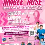Affiche de l’événement “Amble’Rose – Color Run et Marche Solidaire” du 12 octobre 2025 à Ambleteuse. Courses de 6 km et 10 km, marche familiale de 6 km, collation offerte à l’issue des parcours. Départ Place de la Mairie à 9h30 avec échauffement dynamique. Participation 5 €, intégralement reversée à la Ligue contre le cancer.