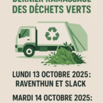Affiche d’information de la commune d’Ambleteuse annonçant le dernier ramassage des déchets verts en octobre 2025. Illustration d’un camion poubelle vert avec le symbole du recyclage et un tas de branchages. Dates indiquées : lundi 13 octobre 2025 pour Raventhun et Slack, mardi 14 octobre 2025 pour Ambleteuse.