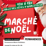Affiche du Marché de Noël d’Ambleteuse se tenant les 6 et 7 décembre, de 10h à 18h à la salle des fêtes d’Ambleteuse. L’affiche, sur fond rouge décoré de branches de sapin, boules et sucre d’orge, montre le visage du Père Noël. En bas, un encadré blanc indique les permanences d’inscription pour les exposants : Vendredi 24 octobre de 17h à 19h Mercredi 29 octobre de 14h à 16h Jeudi 13 novembre de 17h à 19h Tarif : 4 € la table (1,20 m × 0,77 m), maximum 4 tables par exposant.