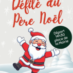 Affiche annonçant un événement intitulé « Défilé du Père Noël ». On y voit un Père Noël illustré, souriant, en tenue rouge, dans un décor d’hiver. En haut, la date « Samedi 20 décembre ». À droite, un encart rond indique « Départ 14h30 place de la Mairie ». En bas, une bande noire mentionne : « 17h30 : vin chaud, bretzels et chocolat à la salle des fêtes ». Le logo de la commune d’Ambleteuse est présent en haut de l’affiche.