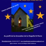 Affiche du Concert de Noël des Voix du Fort à l’église Saint-Michel d’Ambleteuse. Le concert a lieu le dimanche 14 décembre à 15h30. Il propose des chants profanes et sacrés, sous la direction de la cheffe de chœur Coralie Defiez-Turckx, avec Natalia Hendrycks au piano. L’événement est organisé au profit de la rénovation de la Chapelle Saint-Pierre d’Ambleteuse. Libre participation. Renseignements : 06 84 62 30 77 — asso.chapellestpierreambleteuse@gmail.com Adresse : Église Saint-Michel, 12 rue Louis Meigné, 62164 Ambleteuse. Logos : blason d’Ambleteuse et association Les Voix du Fort. Image centrale : la Chapelle Saint-Pierre éclairée de nuit, entourée d’étoiles jaunes sur fond bleu nuit.
