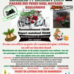 Affiche annonçant la « Parade des Pères Noël Motards Boulognais » du dimanche 14 décembre 2025. On y voit un dessin du Père Noël roulant en moto, des logos de partenaires, des décorations de Noël et une photo de motards déguisés en Père Noël devant le magasin Motoland. Les informations incluent l’horaire de rassemblement à 13h30, le départ à 15h00, une participation de 3 euros au profit du Téléthon, ainsi que le parcours et les différents arrêts dont celui d’Ambleteuse.