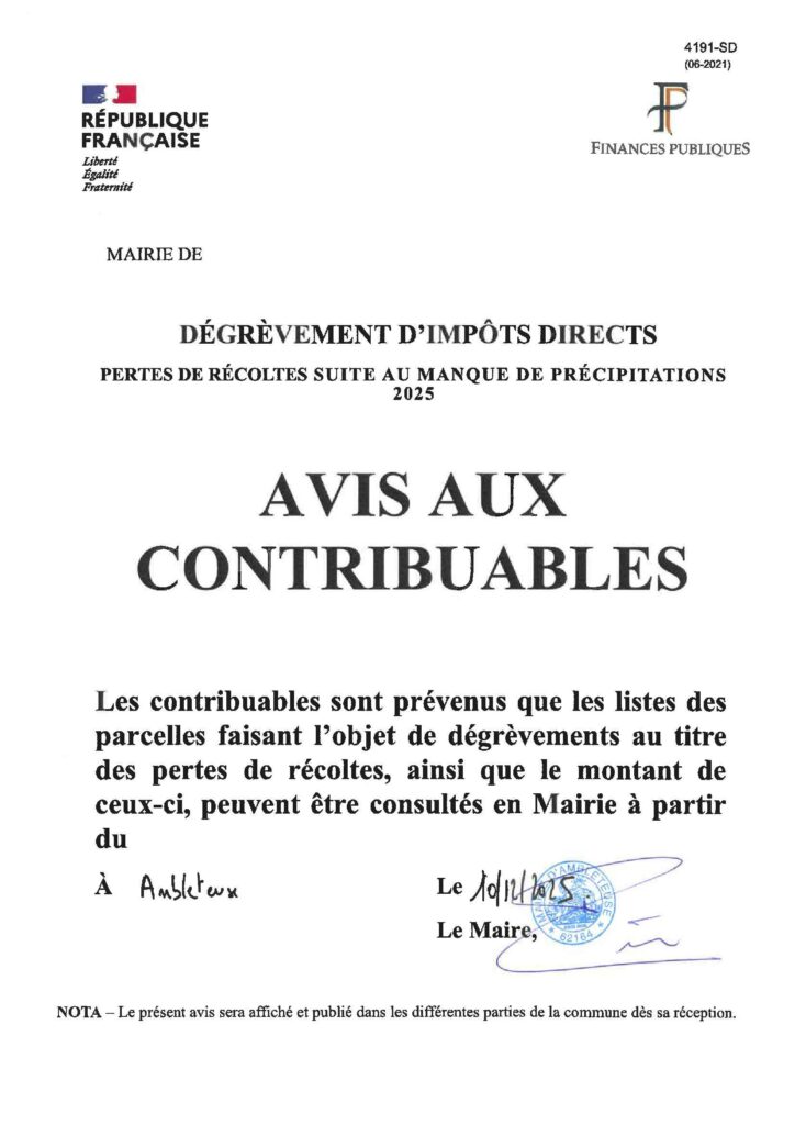 Affiche officielle des Finances Publiques et de la Mairie d'Ambleteuse datée du 10 décembre 2025. Elle informe les contribuables que la liste des parcelles bénéficiant d'un dégrèvement d'impôts suite au manque de précipitations est consultable en mairie.