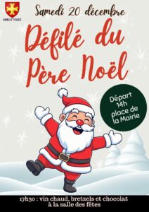 Affiche d'information de la commune d'Ambleteuse pour le 'Défilé du Père Noël' du samedi 20 décembre. Un encart précise le départ à 14h, place de la Mairie. Un bandeau en bas rappelle le rendez-vous de 17h30 pour le vin chaud, bretzels et chocolat à la salle des fêtes.