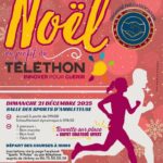 Affiche du “Run de Noël” organisé au profit du Téléthon par l’association Sports ’N Potes. Le visuel présente des silhouettes de coureurs sur un fond rouge décoré de flocons. Les informations indiquent une course le dimanche 21 décembre 2025 à la salle des sports d’Ambleteuse, avec accueil à 9h, échauffement à 9h30 et départ à 10h. Trois parcours sont proposés : 8 km marche, 8 km trail et 15 km trail. Une buvette et un buffet dinatoire sont offerts. Les inscriptions se font via Facebook ou par téléphone. Le don est libre et reversé intégralement à l’AFM Téléthon, et des vestiaires et douches sont à disposition.