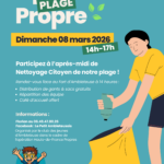 Affiche colorée pour l'événement "Opération Plage Propre" à Ambleteuse. Le visuel montre une illustration d'une personne ramassant une bouteille en plastique pour la mettre dans un grand sac jaune. Le texte principal annonce la date du dimanche 8 mars 2026, de 14h à 17h. On y voit également les logos de l'association "Le Petit Ambleteusois" et du dispositif régional "Hauts-de-France Propres".