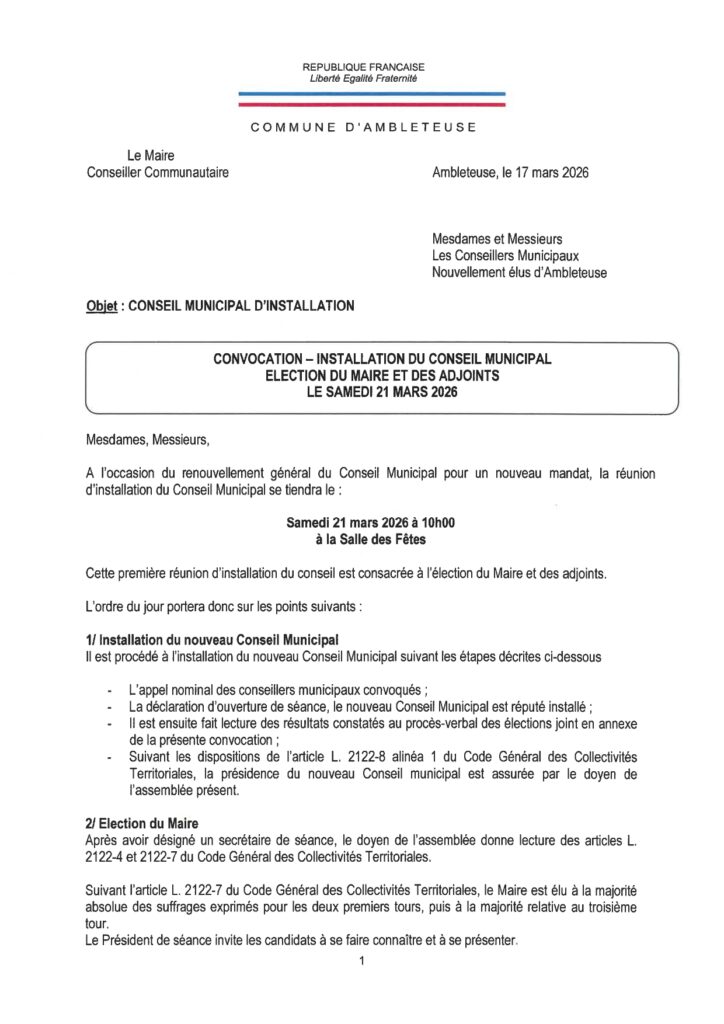 Convocation officielle pour la séance d'installation du Conseil Municipal d'Ambleteuse prévue le samedi 21 mars 2026 à 10h00, signée par le Maire Stéphane Pinto.