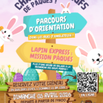 Affiche de la Chasse aux œufs 2026 à Ambleteuse : Parcours d'orientation "Lapin Express" le dimanche 5 avril dès 14h. Tarif 2€ par enfant, départ Salle des Jeunes. Inscription en ligne via QR code.