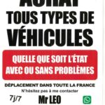 Photographie d'une affiche d'affichage sauvage, imprimée sur papier A4 blanc, collée sur un poteau. Le texte en gras et en noir en haut indique "ACHAT TOUS TYPES DE VÉHICULES". Au centre, un bandeau rouge vif contient le texte en blanc "QUELLE QUE SOIT L'ÉTAT AVEC OU SANS PROBLÈMES". En dessous, le texte précise "DÉPLACEMENT DANS TOUTE LA FRANCE" et "N'hésitez pas à me contacter". Le bas de l'affiche mentionne "Mr LEO", la disponibilité "7j/7", et le début d'un numéro de téléphone "07 53", le reste étant flouté. Un logo WhatsApp vert est visible. L'ensemble présente les caractéristiques typiques d'une offre non réglementée.