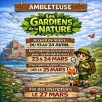 Affiche illustrée du centre de loisirs "Les Gardiens de la Nature" à Ambleteuse. On y voit un jeune explorateur avec un sac à dos et une loupe accompagné d'un renard, devant le Fort d'Ambleteuse. Le texte indique les dates du 13 au 24 avril et les périodes d'inscription en mars