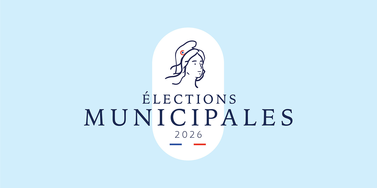 Logotype officiel des Élections Municipales 2026 avec l'effigie de Marianne et le drapeau tricolore français sur fond bleu clair.