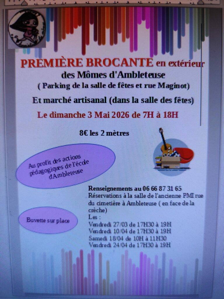 Affiche de la première brocante en extérieur et du marché artisanal des Mômes d’Ambleteuse, le dimanche 3 mai 2026 de 7h à 18h. Informations sur les tarifs (8€ les 2m) et les dates de réservation.