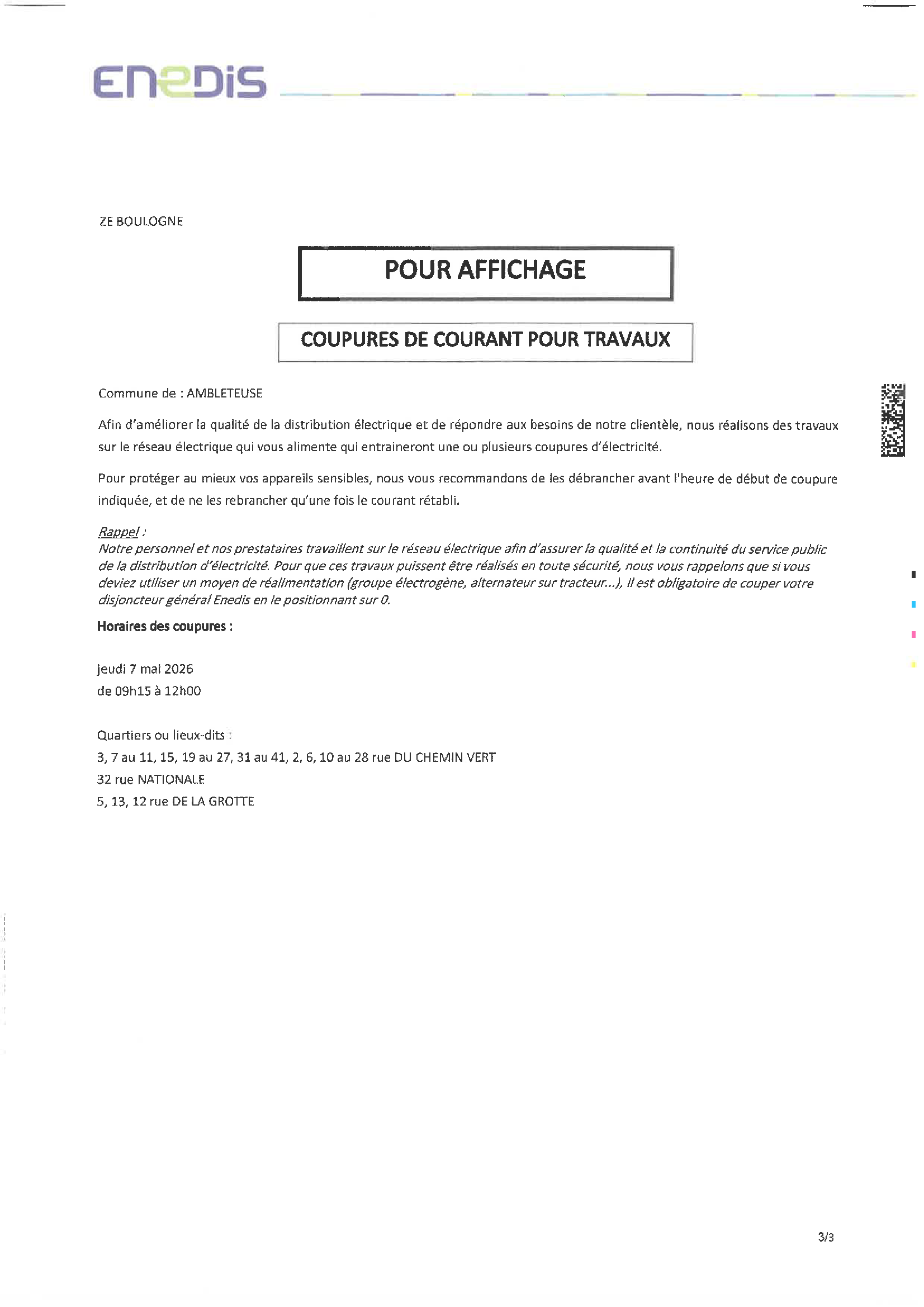 Avis officiel Enedis annonçant une coupure d'électricité pour travaux à Ambleteuse le jeudi 7 mai 2026, de 09h15 à 12h00. Les zones concernées incluent plusieurs numéros de la rue du Chemin Vert, le 32 rue Nationale et les numéros 5, 13 et 12 de la rue de la Grotte. Le document recommande de débrancher les appareils sensibles et rappelle les consignes de sécurité pour l'usage de groupes électrogènes