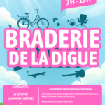 Affiche de la Braderie de la Digue organisée par la ville d'Ambleteuse le 15 août de 7h à 19h. L'image sur fond de ciel bleu indique les tarifs pour les exposants (3 euros le mètre, minimum 2 mètres, plus 4 euros pour les non-résidents) et liste les dates des permanences en mairie pour les inscriptions en juin et juillet.