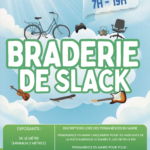 Affiche de la commune d'Ambleteuse annonçant la "Braderie de Slack" le 5 juillet de 7h à 19h. L'illustration montre divers objets d'occasion (vélo, manette de jeu, violon, guitare, chaise de bureau) flottant dans un ciel nuageux. En bas, un encadré vert détaille les informations pour les exposants : 3 euros le mètre (minimum 2 mètres) avec un supplément de 4 euros pour les non-résidents d'Ambleteuse. Les inscriptions se font lors de permanences à la mairie : le 6 juin de 10h à 12h exclusivement pour la rue d'Aubengue, puis pour tous les 13 et 20 juin (10h-12h), le 17 juin (17h-19h) et le 24 juin (16h-18h).