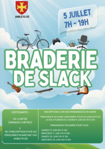 Affiche de la commune d'Ambleteuse annonçant la "Braderie de Slack" le 5 juillet de 7h à 19h. L'illustration montre divers objets d'occasion (vélo, manette de jeu, violon, guitare, chaise de bureau) flottant dans un ciel nuageux. En bas, un encadré vert détaille les informations pour les exposants : 3 euros le mètre (minimum 2 mètres) avec un supplément de 4 euros pour les non-résidents d'Ambleteuse. Les inscriptions se font lors de permanences à la mairie : le 6 juin de 10h à 12h exclusivement pour la rue d'Aubengue, puis pour tous les 13 et 20 juin (10h-12h), le 17 juin (17h-19h) et le 24 juin (16h-18h).