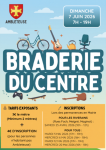 de la "Braderie du Centre" à Ambleteuse prévue le dimanche 7 juin 2026 de 7h à 19h, présentant les tarifs et les dates d'inscription en mairie.