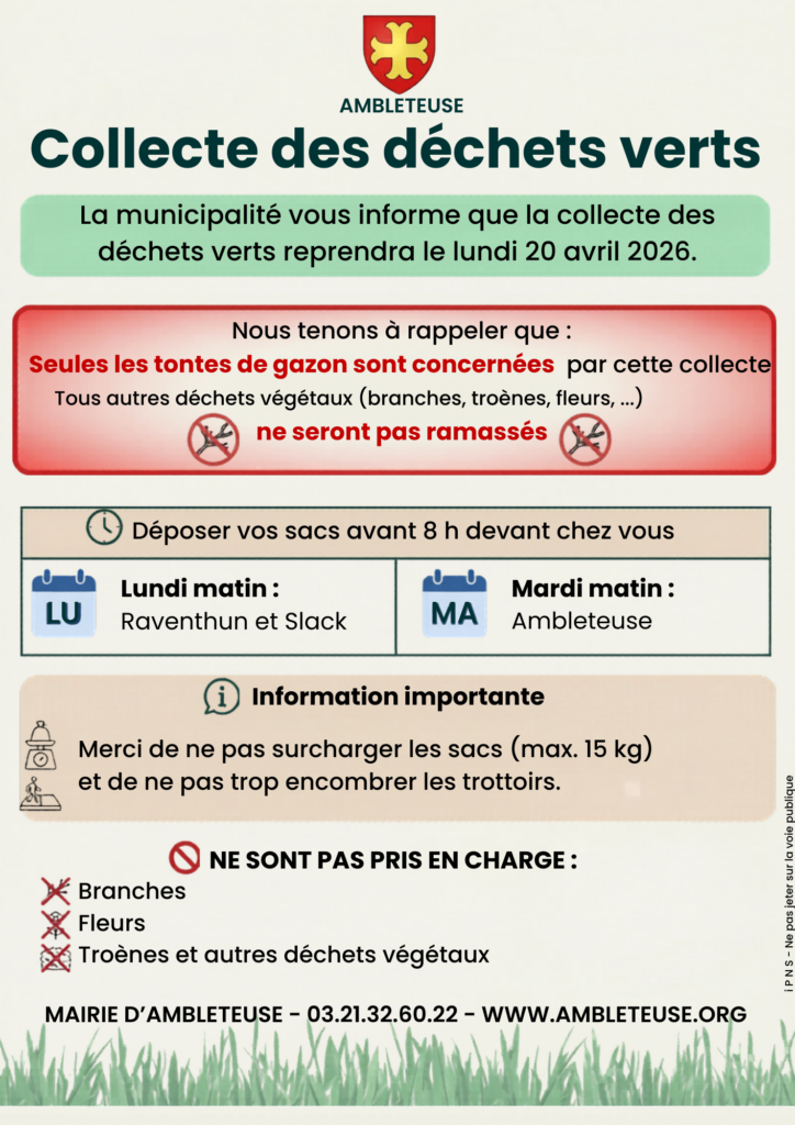Affiche officielle de la Mairie d'Ambleteuse annonçant la reprise de la collecte des déchets verts le lundi 20 avril 2026. L'affiche précise que seules les tontes de gazon sont acceptées ; les branches, fleurs et troènes sont interdits. Le ramassage a lieu le lundi matin à Raventhun et Slack, et le mardi matin à Ambleteuse. Les sacs, d'un poids maximum de 15 kg, doivent être déposés devant chez soi avant 8h sans encombrer les trottoirs. Contact : 03.21.32.60.22 ou www.ambleteuse.org.