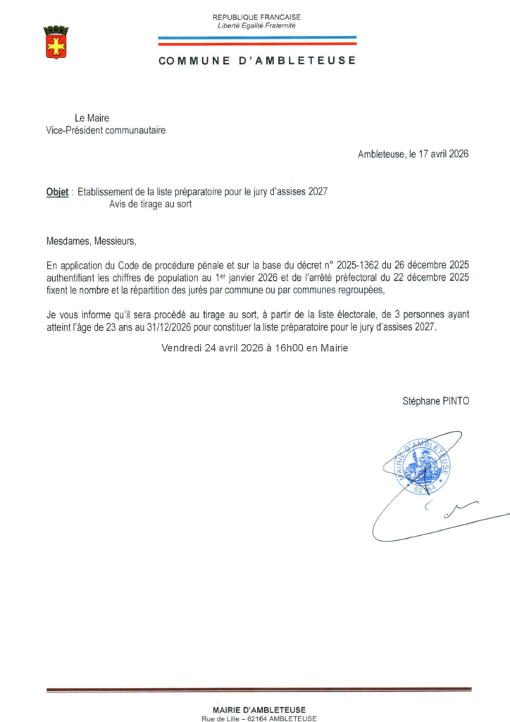 Avis officiel de la mairie d'Ambleteuse annonçant le tirage au sort pour la liste préparatoire du jury d'assises 2027, prévu le vendredi 24 avril 2026 à 16h00 en mairie.
