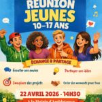 Affiche officielle de la Commune d'Ambleteuse invitant les jeunes de 10 à 17 ans à une première réunion d'échange le mercredi 22 avril 2026 à 14h30 à la Mairie. L'affiche illustre quatre adolescents souriants sur fond de ciel et de verdure. Le programme détaillé est : écouter vos envies, partager vos idées, imaginer des projets, créer des moments pour tous. Le blason de la ville est présent en haut.