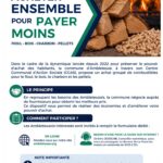 Affiche d'information de la commune d'Ambleteuse annonçant une campagne d'achat groupé d'énergie. L'affiche est divisée en diagonale avec, sur la droite, une photographie d'un feu de cheminée, de bûches de bois et de granulés de bois (pellets). En-tête : Logo de la ville d'Ambleteuse à gauche et bandeau vert "Achat groupé" à droite. Titre principal : "Acheter ensemble pour payer moins - Fioul • Bois • Charbon • Pellets". Contexte : Dans le cadre de la dynamique lancée depuis 2022 pour préserver le pouvoir d'achat, le Centre Communal d'Action Sociale (CCAS) d'Ambleteuse propose un achat groupé de combustibles. Le principe : La commune regroupe les besoins des habitants pour négocier les meilleurs prix auprès des fournisseurs et réaliser des économies. Comment participer : Les habitants intéressés doivent remplir un formulaire. En ligne : sur le site ambleteuse.org. Besoin d'aide : Jérôme Dossche, Conseiller numérique, accompagne les habitants pour la saisie sur internet au Bureau de La Poste, les mardis et vendredis de 9h15 à 12h. Note importante : Les intentions de commandes seront transmises aux fournisseurs dans le cadre d'un appel à manifestation d'intérêt. Date limite : Un bandeau rouge en bas de l'affiche indique "Date limite de réponse : avant le 4 mai 2026".