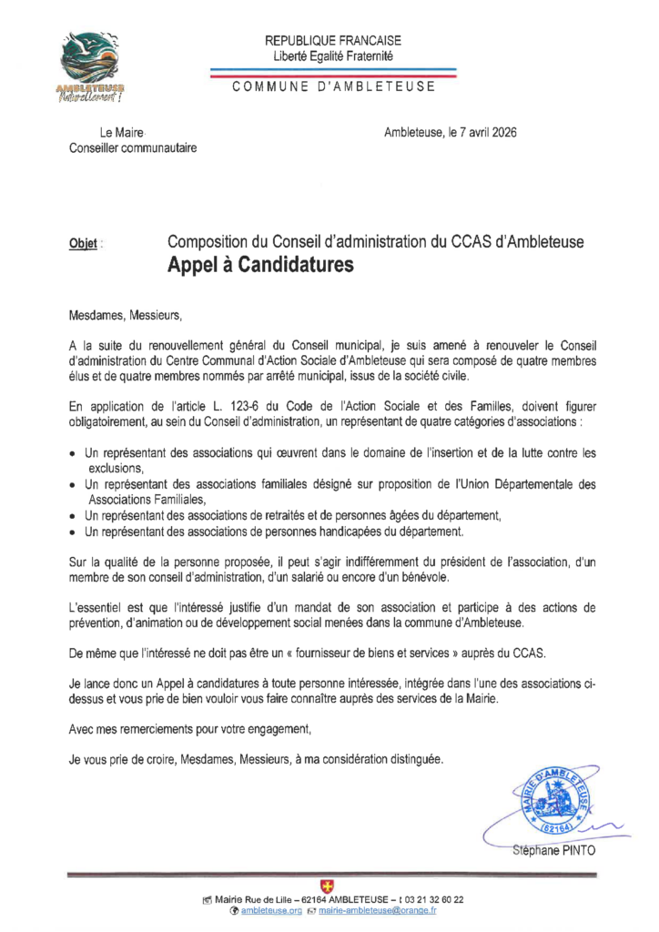 Appel à candidatures officiel de la mairie d'Ambleteuse, daté du 7 avril 2026, concernant la composition du Conseil d'administration du CCAS. Le document, signé par le Maire Stéphane Pinto, invite les représentants d'associations d'insertion, familiales, de retraités et de personnes handicapées à soumettre leur candidature pour devenir membres nommés.