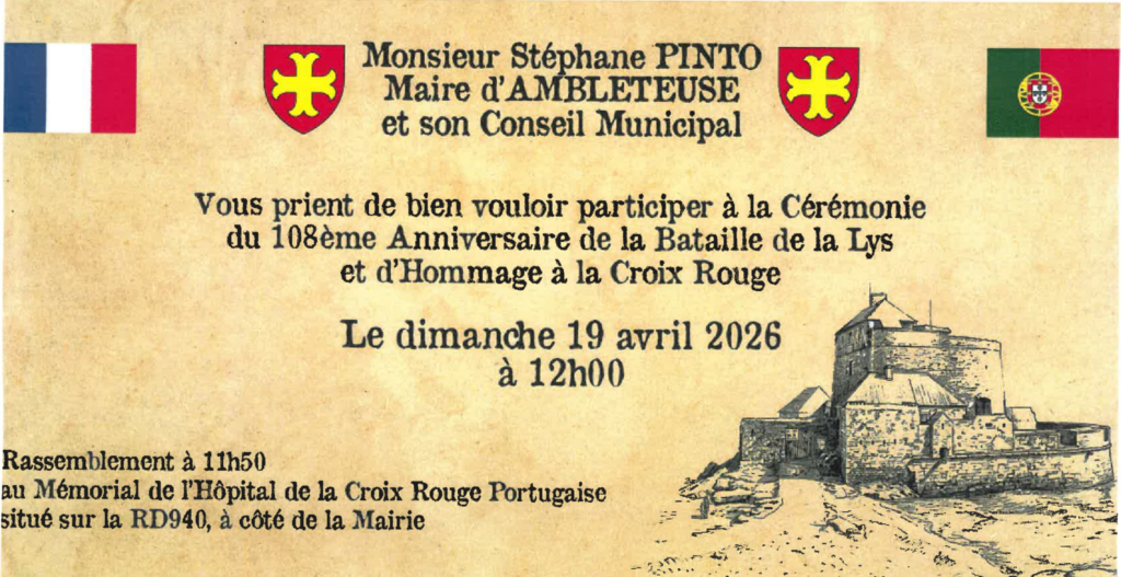 Invitation officielle de la mairie d’Ambleteuse pour le 108ème anniversaire de la Bataille de la Lys et l'hommage à la Croix-Rouge Portugaise, le dimanche 19 avril 2026 à 12h00. L'image présente les drapeaux français et portugais ainsi qu'une illustration du Fort d'Ambleteuse.