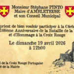 Invitation officielle de la mairie d’Ambleteuse pour le 108ème anniversaire de la Bataille de la Lys et l'hommage à la Croix-Rouge Portugaise, le dimanche 19 avril 2026 à 12h00. L'image présente les drapeaux français et portugais ainsi qu'une illustration du Fort d'Ambleteuse.