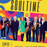 Affiche au fond jaune vif avec des motifs géométriques colorés (rose, bleu, orange) annonçant un concert dans le cadre de la Saison Culturelle. En haut figurent le blason de la commune et les mots « CONCERT SOULTIME » en grand format. Au centre, une photo détourée présente les neuf membres du groupe, comprenant des chanteurs et des musiciens équipés de guitares et de saxophones. En bas, les informations pratiques sont inscrites : Samedi 30 mai, 20h30 - Salle des Fêtes. Tarifs : 5 € - Gratuit moins de 10 ans. Contacts : mairie d'ambleuse 03.21.32.60.22, ambleuse.org.