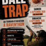 Affiche annonçant le ball-trap organisé par la société de chasse “Le Réveil” les 5 et 6 septembre 2026 au terrain d’aviation à Raventhun, avec horaires, restauration et buvette sur place.
