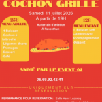Affiche annonçant un repas cochon grillé organisé par la société de chasse “Le Réveil” le samedi 11 juillet 2026 à partir de 19h au terrain d’aviation à Raventhun, avec tarifs, menus et informations de réservation.