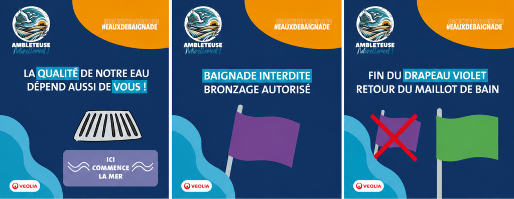 information indiquant que la qualité de l’eau dépend aussi des gestes de chacun, avec une grille d’évacuation et le message « Ici commence la mer ».information sur fond bleu indiquant « Baignade interdite, bronzage autorisé », avec un drapeau violet.nformation indiquant « Fin du drapeau violet, retour du maillot de bain », avec un drapeau violet barré et un drapeau vert.
