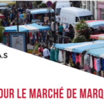 Visuel du CCAS d’Ambleteuse annonçant le bus pour le marché de Marquise, avec une photo d’un marché en plein air en arrière-plan.