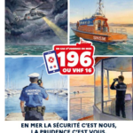 Affiche de la campagne 2026 de sécurité des loisirs nautiques et de la plaisance, avec un hélicoptère de secours, un bateau de la SNSM, un agent de la gendarmerie maritime et un surveillant en mer. Au centre, le numéro d’urgence en mer « 196 ou VHF 16 ». Slogan : « En mer la sécurité c’est nous, la prudence c’est vous. »