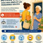 Illustration de prévention canicule montrant une jeune femme rendant visite à une personne âgée devant son domicile sous un soleil intense. L’affiche rappelle l’importance de prendre des nouvelles des aînés et des personnes isolées pendant les fortes chaleurs. Des pictogrammes présentent les principaux gestes de prévention : boire de l’eau régulièrement, rester au frais, se rafraîchir, donner des nouvelles à ses proches et éviter les efforts aux heures les plus chaudes. Le message met en avant la solidarité et la vigilance envers les personnes vulnérables.