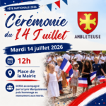 Affiche de la cérémonie du 14 Juillet 2026 à Ambleteuse. Le visuel annonce un rendez-vous le mardi 14 juillet 2026 à 12h, Place de la Mairie, avec un défilé accompagné par la Lyre Marquisienne puis un hommage au monument aux morts. L’illustration montre un cortège avec des enfants portant des drapeaux français, une harmonie musicale et des feux d’artifice aux couleurs bleu, blanc et rouge.