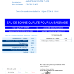 Bulletin de l’ARS Hauts-de-France concernant la qualité des eaux de baignade à Ambleteuse Centre Plage. Le contrôle sanitaire a été réalisé le 15 juin 2026 à 11h01. Le résultat indique une eau de bonne qualité pour la baignade. Les mesures affichées sont : Escherichia coli inférieur à 15 par 100 ml, entérocoques intestinaux inférieur à 15 par 100 ml, transparence 0,50, pH 8,1, température de l’air 14,6 °C, température de l’eau 16 °C et salinité 33,40.