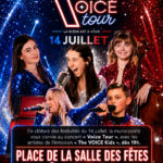 Affiche du concert Voice Tour organisé à Ambleteuse le 14 juillet à partir de 19h, place de la Salle des Fêtes, avec des artistes issus de l’émission The Voice Kids, sur un fond festif bleu, blanc et rouge avec feux d’artifice.