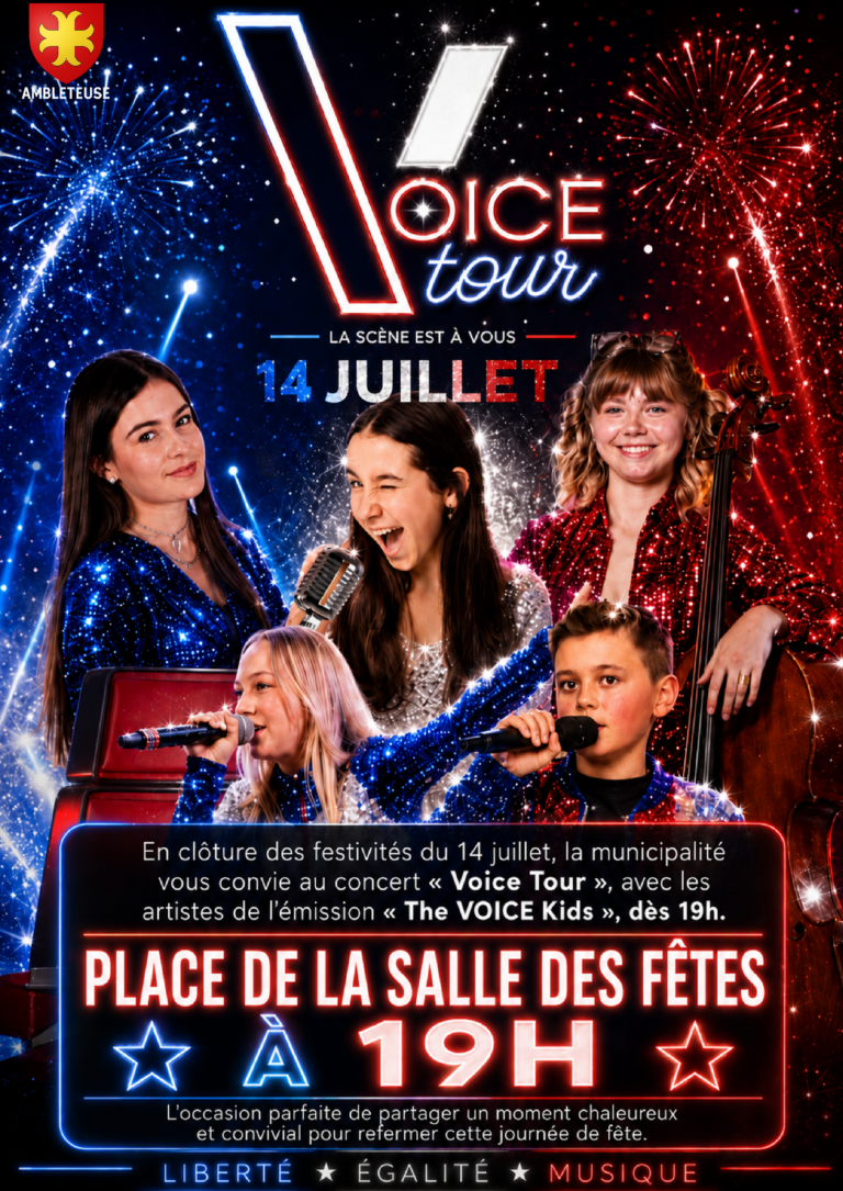 Affiche du concert Voice Tour organisé à Ambleteuse le 14 juillet à partir de 19h, place de la Salle des Fêtes, avec des artistes issus de l’émission The Voice Kids, sur un fond festif bleu, blanc et rouge avec feux d’artifice.