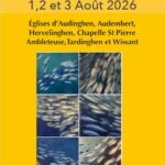 Affiche annonçant la Promenade artistique autour des fonds marins, organisée les 1er, 2 et 3 août 2026, de 10h00 à 18h00. L’événement présente des sculptures et peintures à la Chapelle Saint-Pierre d’Ambleteuse, ainsi que dans les églises d’Audinghen, Audembert, Hervelinghen, Tardinghen et Wissant. Au centre de l’affiche, une composition artistique évoque les reflets et mouvements des fonds marins.