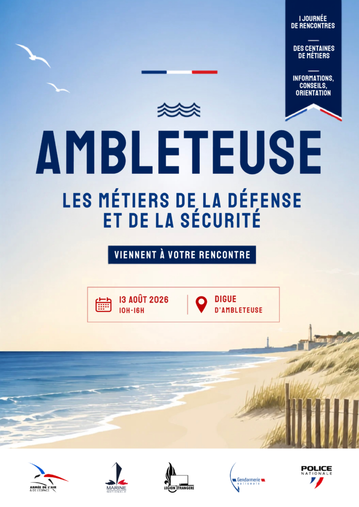 Affiche annonçant une journée de rencontres sur les métiers de la défense et de la sécurité à Ambleteuse, le jeudi 13 août 2026 de 10h à 16h sur la Digue d’Ambleteuse. L’affiche présente un paysage de plage et les logos de l’Armée de l’air et de l’espace, de la Marine nationale, de la Légion étrangère, de la Gendarmerie nationale et de la Police nationale.