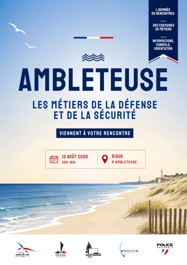 Affiche annonçant une journée de rencontres sur les métiers de la défense et de la sécurité à Ambleteuse, le jeudi 13 août 2026 de 10h à 16h sur la Digue d’Ambleteuse. L’affiche présente un paysage de plage et les logos de l’Armée de l’air et de l’espace, de la Marine nationale, de la Légion étrangère, de la Gendarmerie nationale et de la Police nationale.