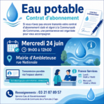 Visuel d’information sur l’eau potable indiquant une permanence le mercredi 24 juin de 9h00 à 12h00 à la mairie d’Ambleteuse, rue Nationale, pour accompagner les habitants dans la transmission de leur contrat d’abonnement à la Communauté de Communes de la Terre des 2 Caps.